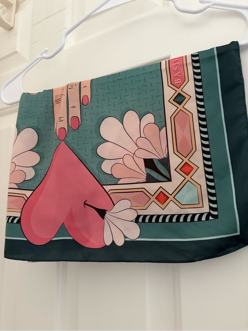 Graphic Heart Print Silk Scarf in Teal and Pink